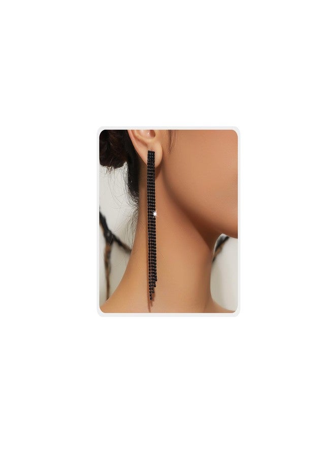 Mintolex Crystal Tassel Earrings for Women Sparkling Long Rhinestone Crystal Setting Fringe Earring Dangling Waterfall Chandelier Drop Dangle Earrings Ladies Jewelry Gifts for Party Prom Statement Wedding Bridal, Extra Long Black - Image 1